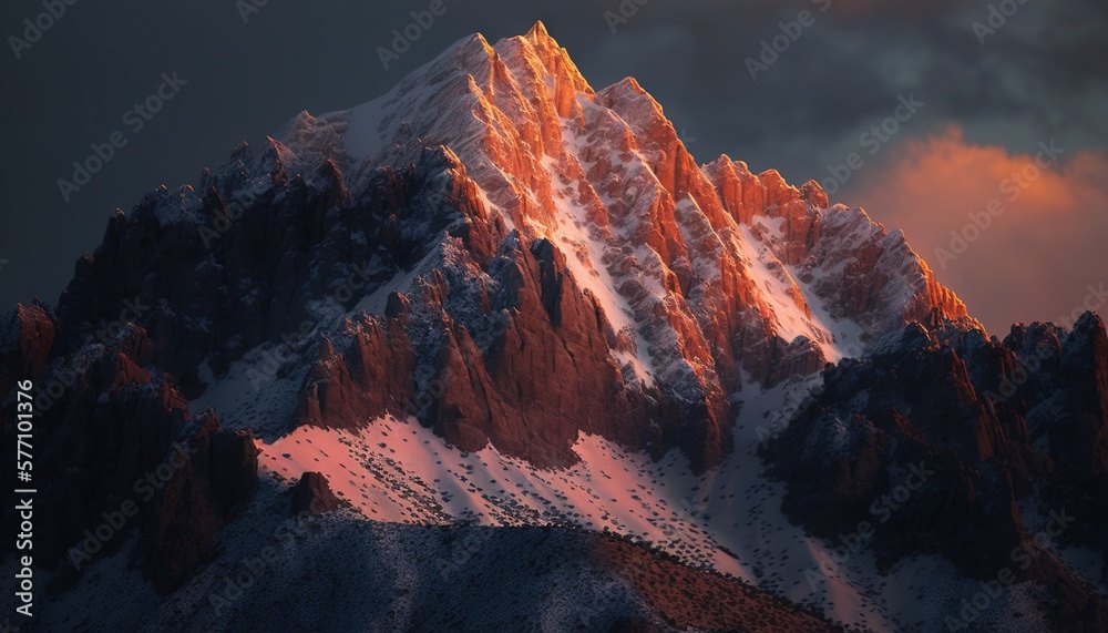  a very tall mountain covered in snow under a cloudy sky with a pinkish glow on it's face and the top of the mountain.  generative ai