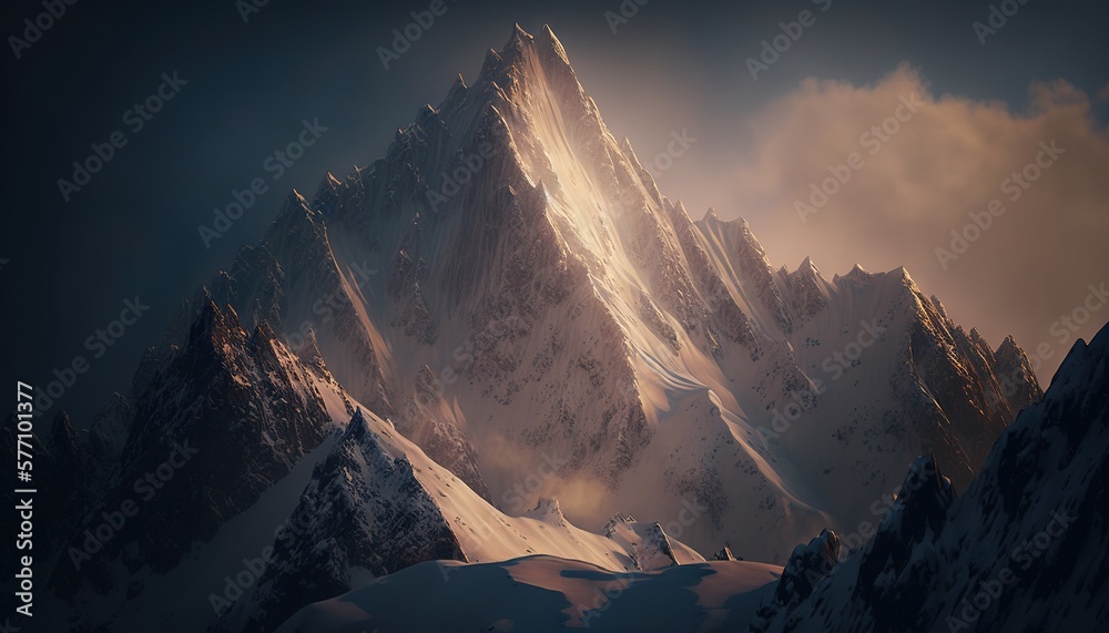  a mountain covered in snow under a cloudy sky with a bright sun shining through the top of the mountain and a few clouds in the sky.  generative ai