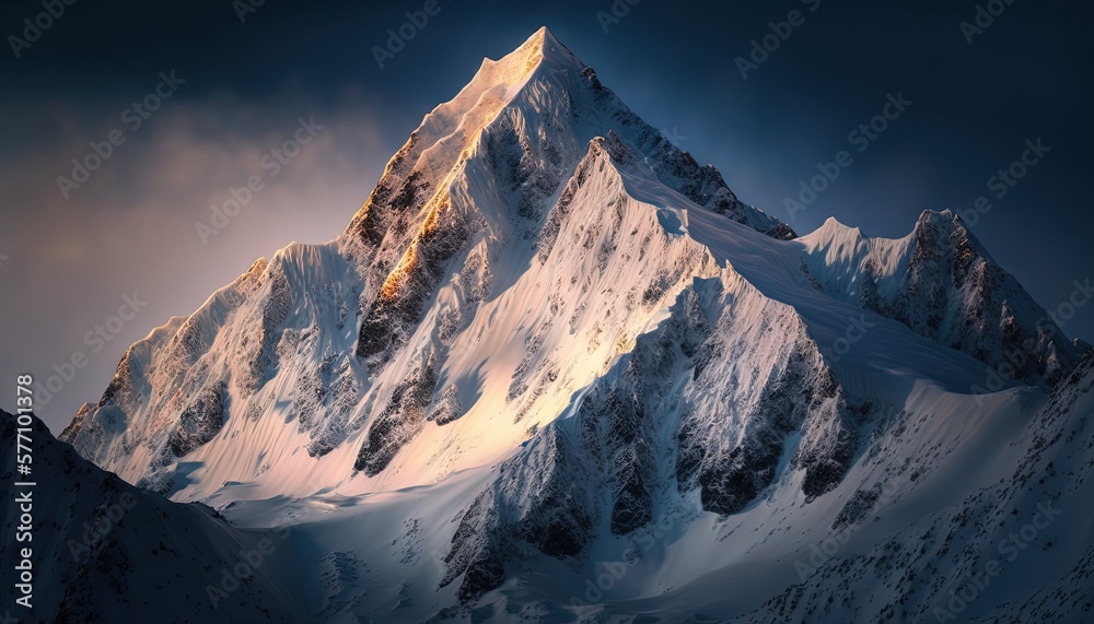  a snow covered mountain peak with a cloudy sky in the background at sunset or sunrise or sunset, in the foreground is a dark cloud filled sky.  generative ai