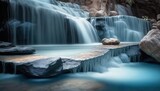  a waterfall with a rock and water flowing over it's sides and a rock walkway leading to it's base and a rock bridge above it.  generative ai