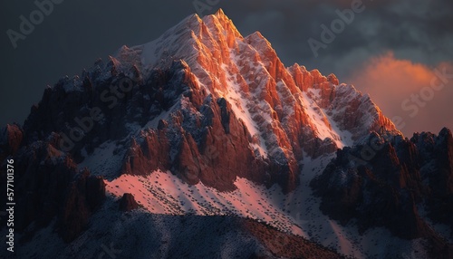  a very tall mountain covered in snow under a cloudy sky with a pinkish glow on it's face and the top of the mountain. generative ai