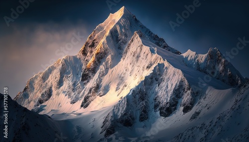  a snow covered mountain peak with a cloudy sky in the background at sunset or sunrise or sunset, in the foreground is a dark cloud filled sky. generative ai