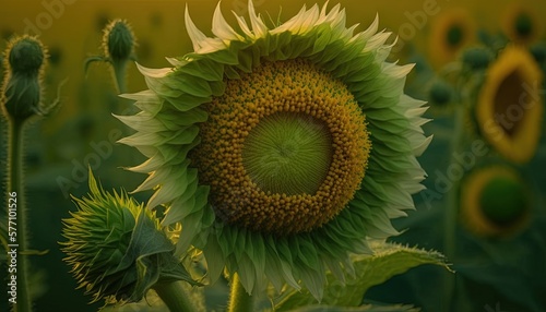 a large sunflower in a field of sunflowers with a yellow sky in the back ground and a yellow sky in the background.  generative ai