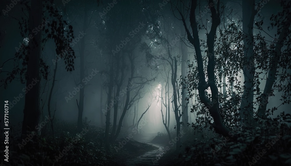  a dark forest with a trail leading through it and a light at the end of the trail in the middle of the forest is a foggy night.  generative ai