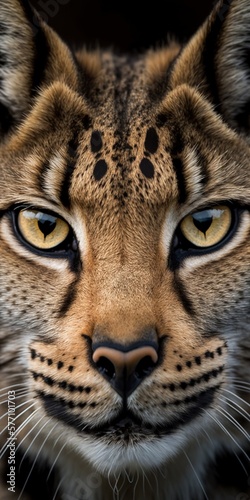  a close up of a cat s face with yellow eyes and black spots on it s face and a black background behind it.  generative ai