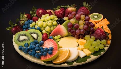  a plate of fruit is shown on a black background with a green apple and a red grape and a green apple and some other fruits.  generative ai