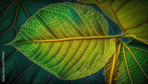  a close up of a green leaf with yellow tips on a blue background with a yellow stem on the end of the leaf and a yellow tip on the end of the end of the leaf.  generative ai