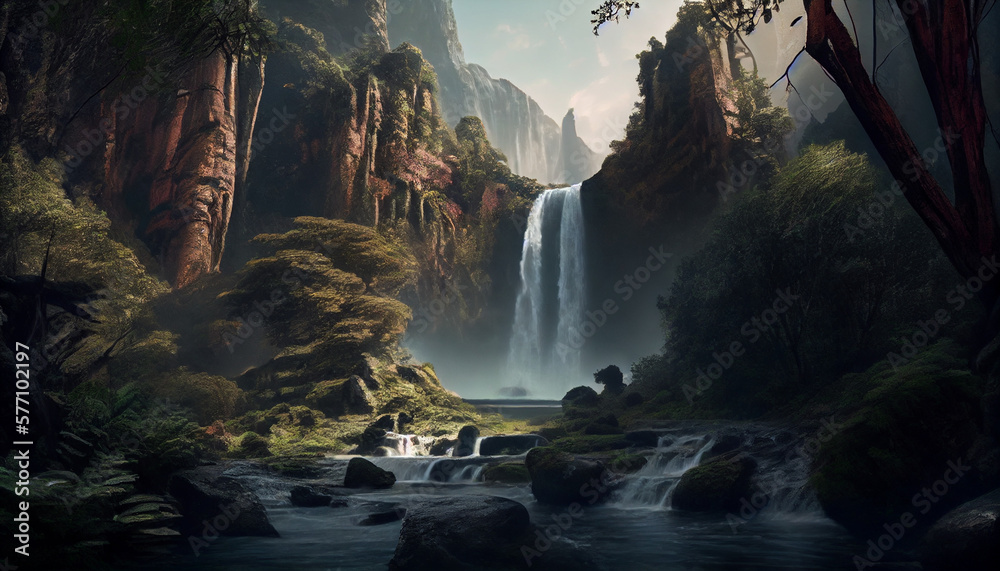 An image of a majestic waterfall amidst lush natural scenery generative AI