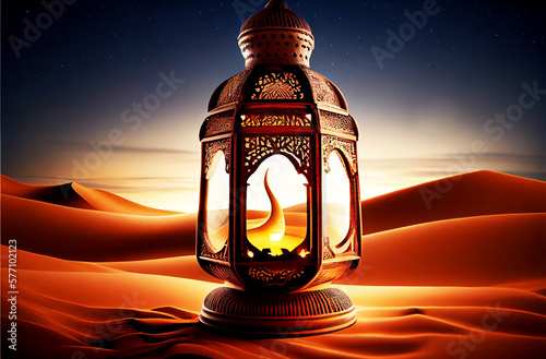 Muslim Holy Month Ramadan Kareem - Ornamental Arabic Lantern With Burning Candle Glowing. Generative Ai