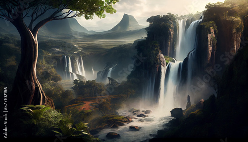 An image of a majestic waterfall amidst lush natural scenery generative AI photo