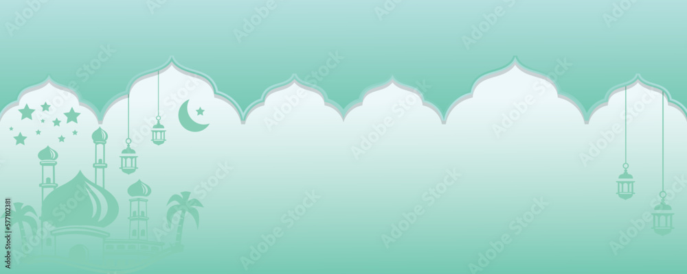 Islamic Ramadan Kareem banner, poster design with blank space text. Mosque, frame, moon, stars, flowers and lanterns. 