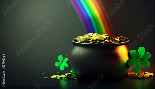 Pot of gold coins, clover leaves, and rainbow. St. Patrick's day concept. Generative AI illustration