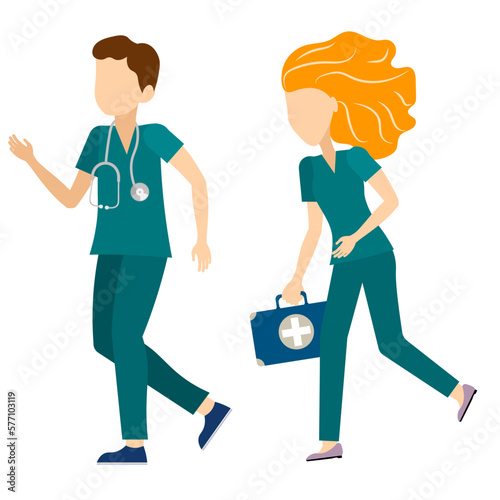 Man and woman nurse running to save a life.A doctor with a first-aid kit runs to help. Medical clinic worker in uniform.