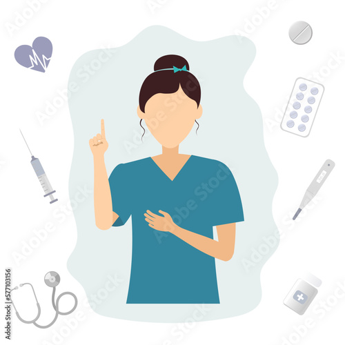 Cute female doctor shows a gesture of attention. General practitioner, nurse.
