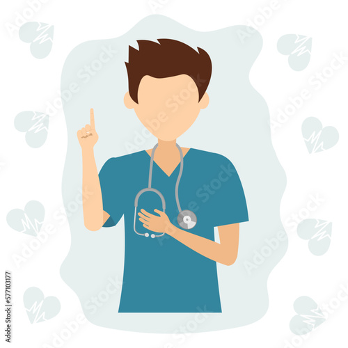 Young male doctor shows a gesture of attention. General practitioner, nurse. Vector illustration on a background with hearts.
