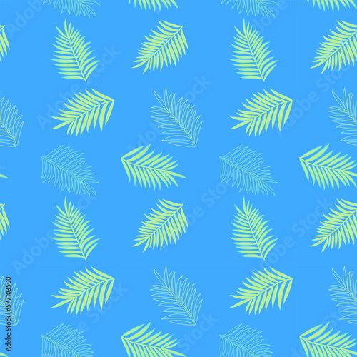 Palm branches with green leaves on a blue sky background. Vector seamless pattern