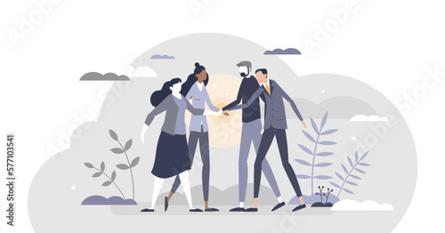 Community teamwork bonding and united group partnership agreement tiny person concept, transparent background. Trust circle with company hands holding together as solidarity.