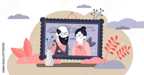 Grandparents illustration, transparent background. Flat tiny elderly relatives persons concept. Granny and grandpa together in framed picture as good memories. Happy together retirement seniors.