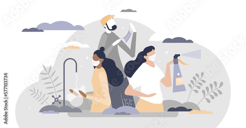 Hygiene safety as hand wash with soap, surface disinfection and face masks wearing tiny person concept, transparent background. Protective recommendation and personal responsibility.