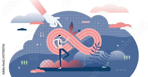 Infinity illustration, transparent background. Symbolic endless line in tiny persons concept. Abstract futuristic strategy visualization. Long term planning with sustainable thinking.