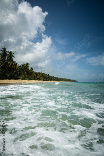 Fototapeta Naklejka Na Ścianę i Meble -  Beautiful view of sea, palms and golden sand of Playa Coson, near Las Terrenas, in the Samana Peninsula of the Dominican Republic. Tropical paradise, exotic beach destination.