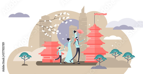 Korea illustration, transparent background. Flat tiny east asia vacation tour person concept. Urban city with historical towers buildings as family holiday destination location.