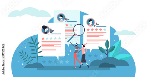 Reviews illustration, transparent background. Flat tiny compared application form persons concept. Business HR research management for quality labor. Feedback and CV analysis method.