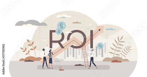 ROI or return on investment as financial business profit tiny person concept, transparent background. Corporate shares report with economical benefits or market value measurement illustration.