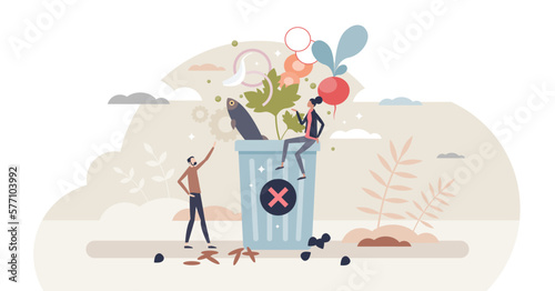 Save earth and throw away less food to avoid garbage tiny person concept, transparent background. Zero waste for sustainable and environmental consumerism problem solution illustration.