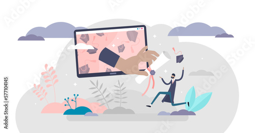Virtual graduation ceremony concept, flat tiny person illustration, transparent background. Receiving college or university diploma remotely.