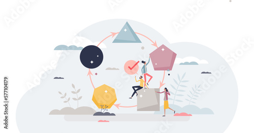 Work process workflow and business development stages tiny person concept, transparent background. Teamwork performance improvement and innovation progress steps illustration.