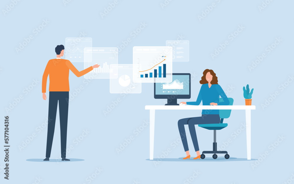 flat vector business people team meeting for analytics and monitoring business graph report dashboard concept and business finance investment planning. flat vector business people team meeting for analytics and monitoring business graph report dashboard concept and business finance investment planning.
