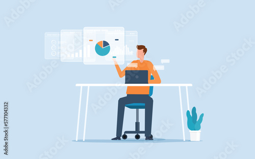 Businessman working on computer concept analytics graph report on monitoring dashboard for marketing planning and finance investment concept