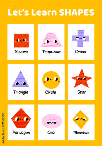 Geometric shape characters. Lets learn basic shapes, educational figure mascots for childrens vector Illustration set. Happy elements as triangle, square, circle and oval for teaching at school
