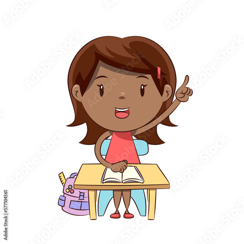 Girl, raising hand, sitting, child, question, answer, study