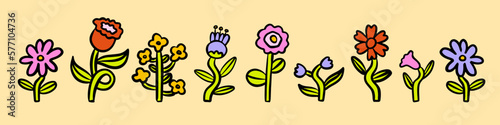 Cute funny kawaii smile face flowers set collection.Vector cartoon kawaii character illustration design. Positive smile face,garden bundle set concept. Funny happy daisy with eyes and smile.