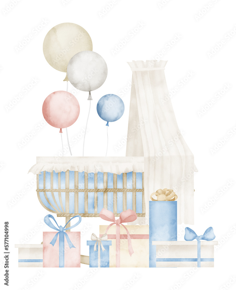 Baby Cradle with air Balloons and Presents in pastel blue and beige colors for newborn shower greeting cards or invitations. Hand drawn vintage illustration on isolated background for childish design