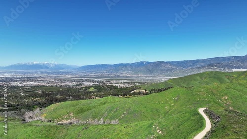 An Aerial Drone View of Crafton Hills with the Trails in Yucaipa, California in Spring after a Wet Rainy Winter photo