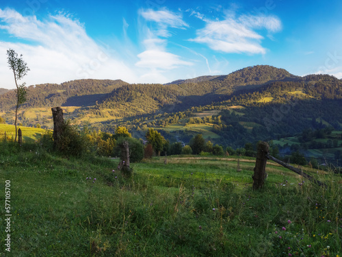 morning view of rural fields and mountains. picturesque scenery of ukrainian carpathians