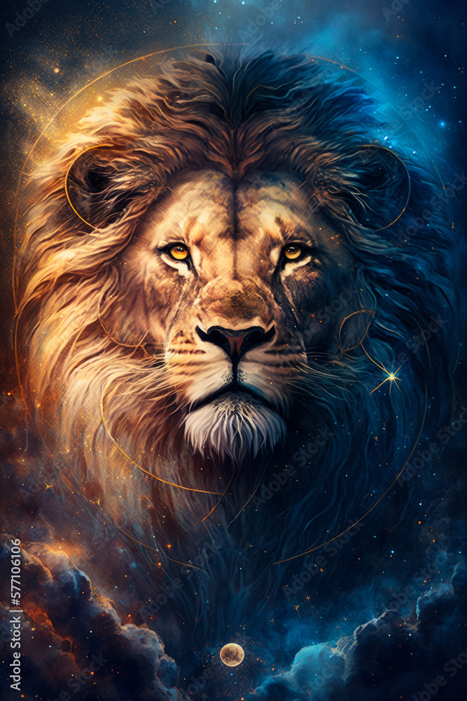 Lion in the sky with clouds and stars. Generative AI.