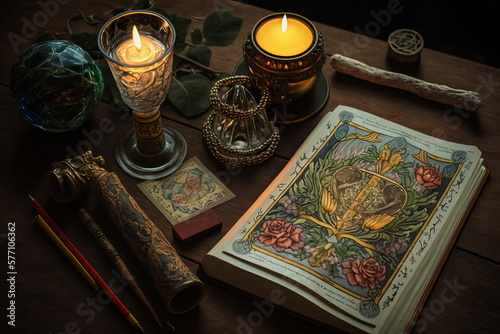 AI set of ritual tools with candles on wooden table