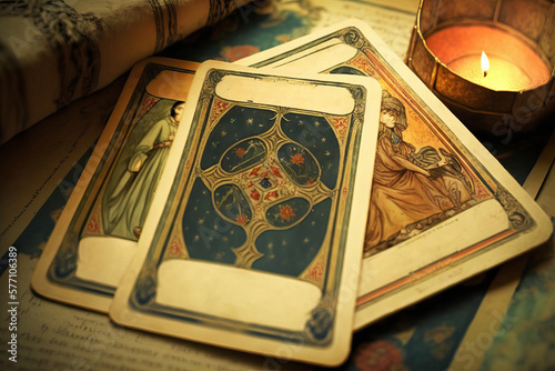 AI illustration of tarot cards with candle and book on table photo