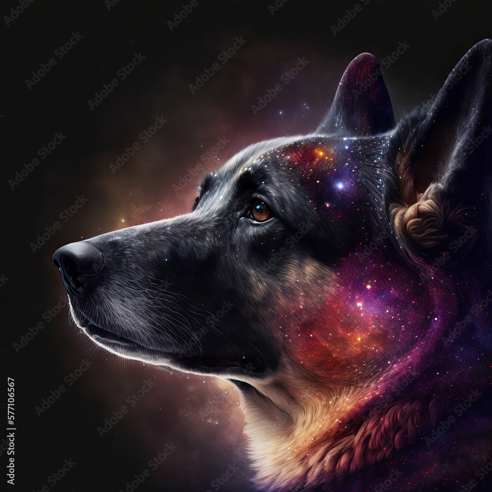 Cinematic portrait of a cosmic dog made of nebula and stardust ...