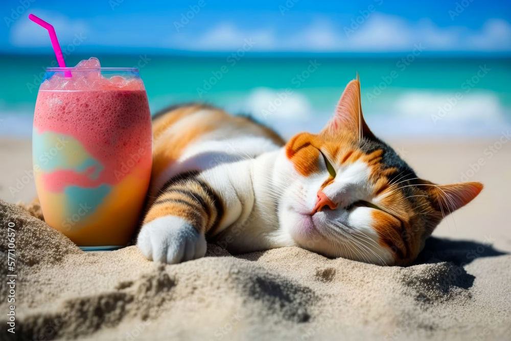 Cat sleeping on the beach next to drink. Generative AI.