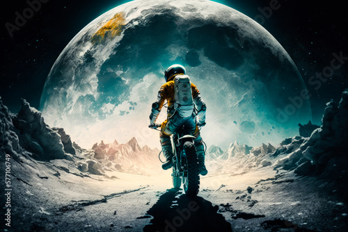 Person riding motorcycle in front of the moon. Generative AI.