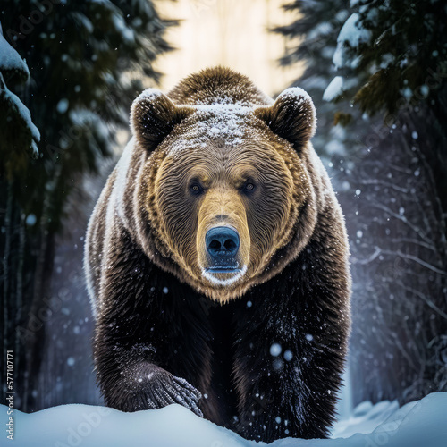 Large brown bear walking through snowy forest. Generative AI.