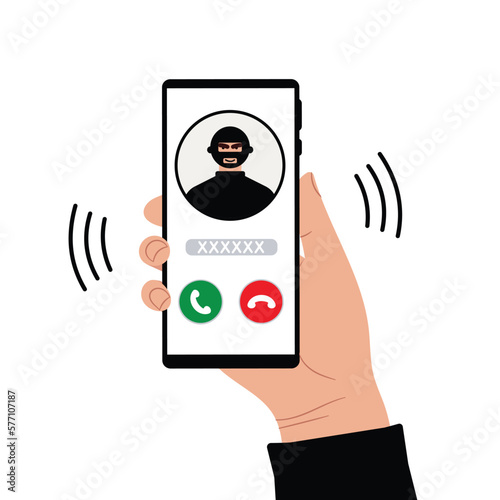 A call on the phone in the hand of a fraud person. A telephone fraudster deceives and steals money and cards through smartphone calls. Thief, hacker and criminal are calling. vector illustration
