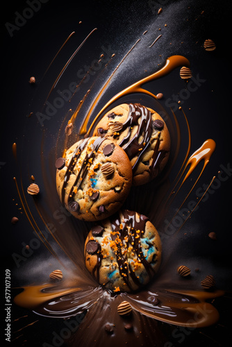 Three chocolate chip cookies are being splashed with chocolate. Generative AI.
