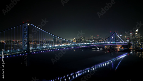 Benjamin Franklin Bridge and Skyline of Philadelphia at night - aerial view - drone photography