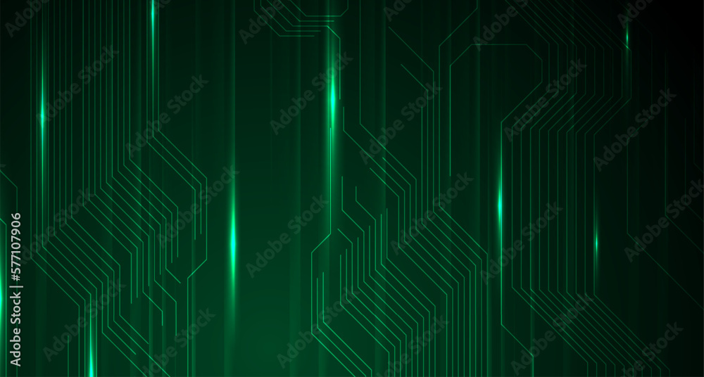 Glowing green neon circuit board lines tech background. Vector design